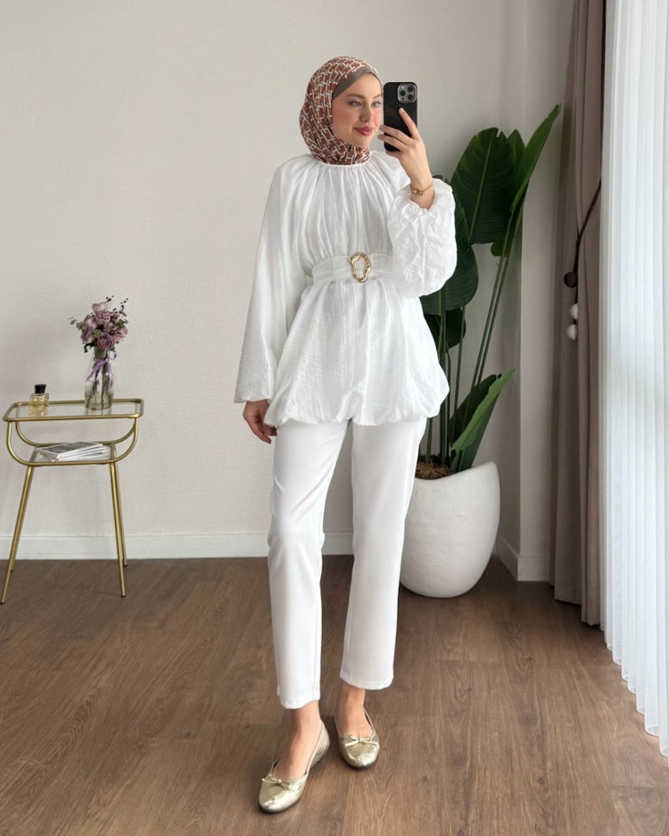 Balon Kol Bubble Kemerli Tunik - Beyaz