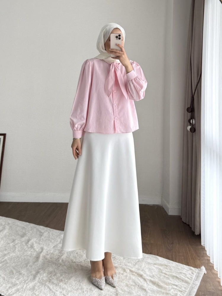 Etek Üstü Yaka Bağlamalı Poplin Gömlek - Pembe