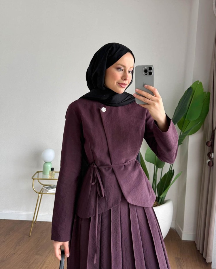 Zara Kupra Seyyar Kemerli Çımalı Etekli Takım - Mürdüm