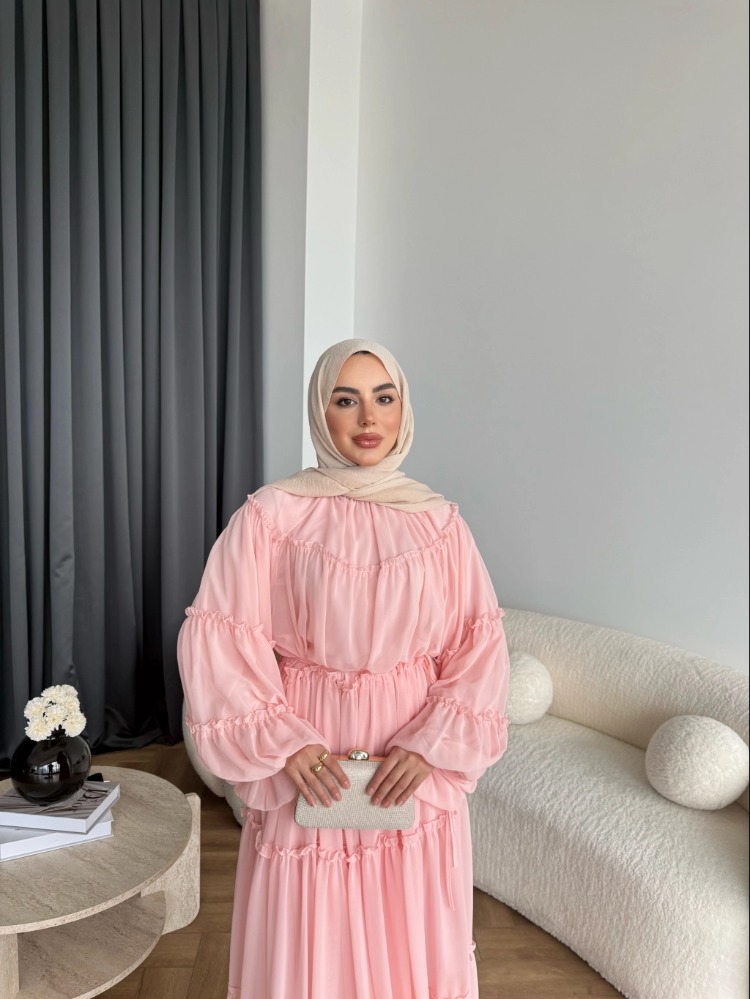 Fırfırlı Kat Kat Bağcık Detaylı Şifon Elbise - Pembe