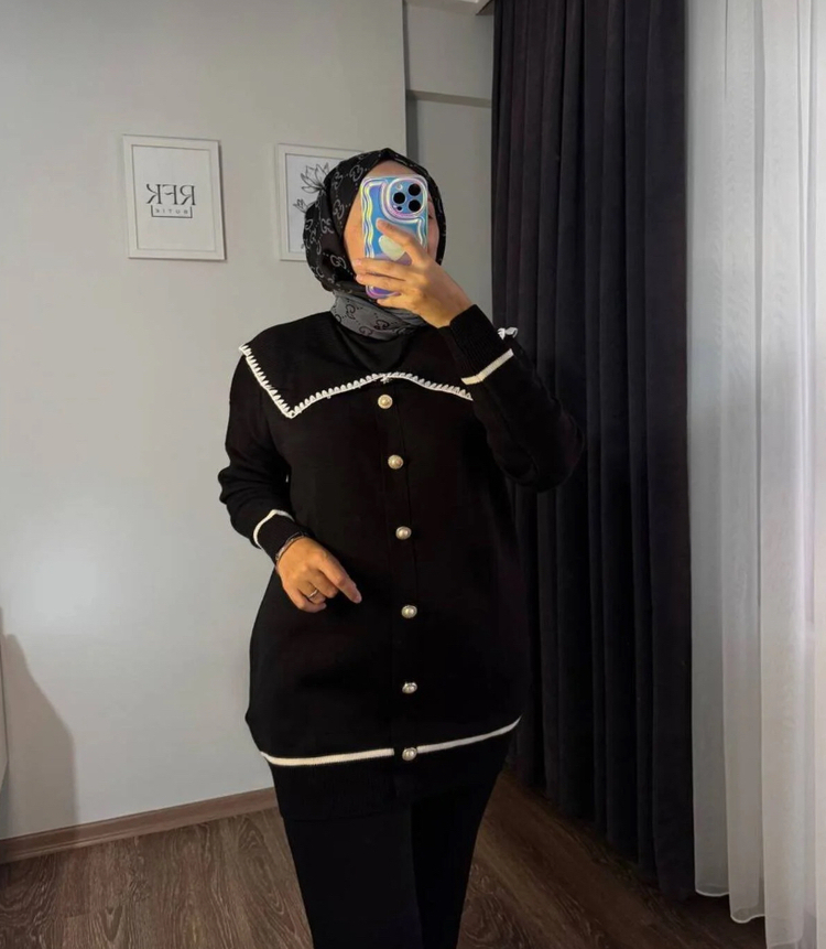 Bebe Yaka Düğme Detaylı İkili Triko Takım - Siyah