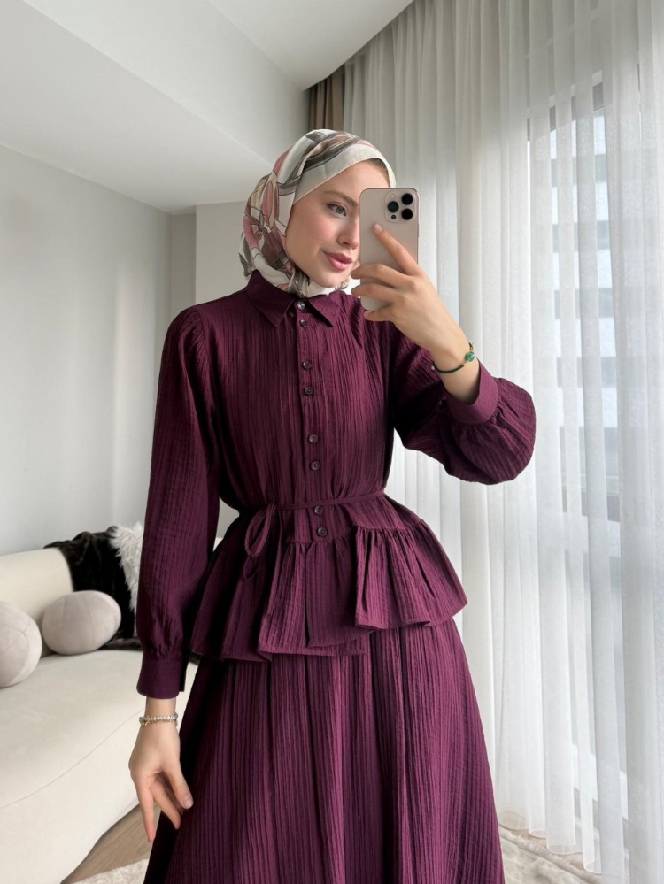 Melinda Begonya Kumaş Etekli Takım - Mürdüm