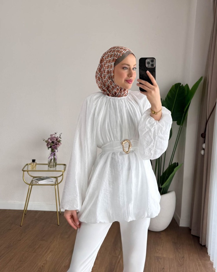 Balon Kol Bubble Kemerli Tunik - Beyaz