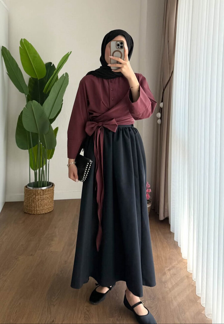 Bel Bağlamalı Kuşaklı Gömlek - Bordo