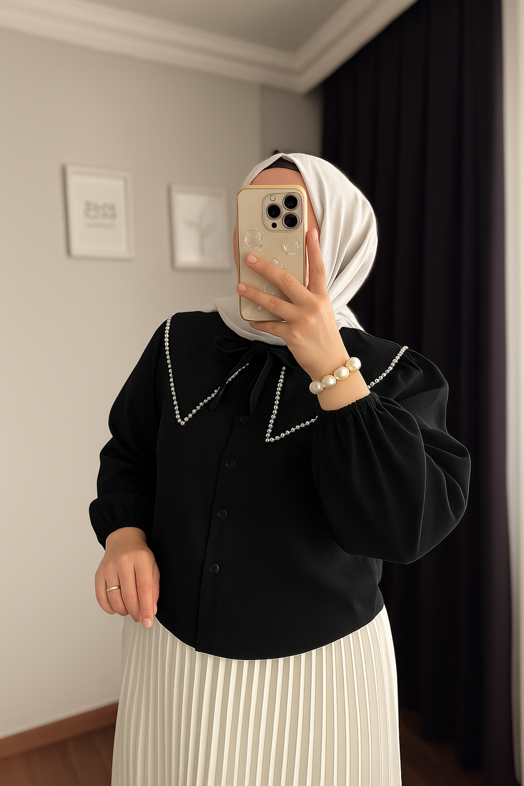 Bebe Yaka İncili Gömlek - Siyah