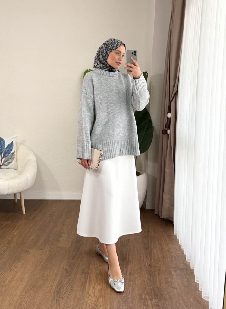 Oversize Bisiklet Yaka Tesettür Kazak - Gri