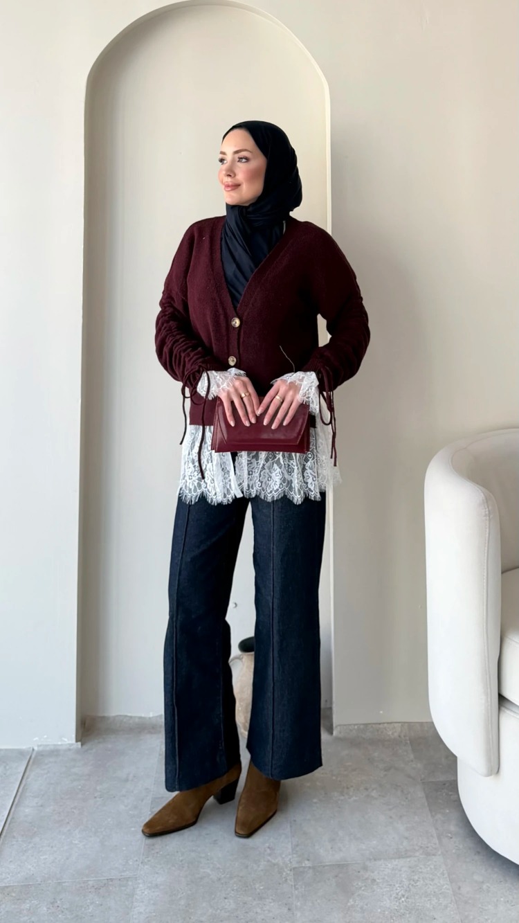Dantel Detaylı V Yaka Triko Hırka - Bordo