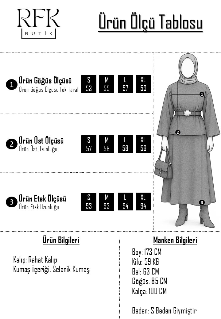 Selanik Kumaş Kemer Detaylı Etekli Takım - Siyah