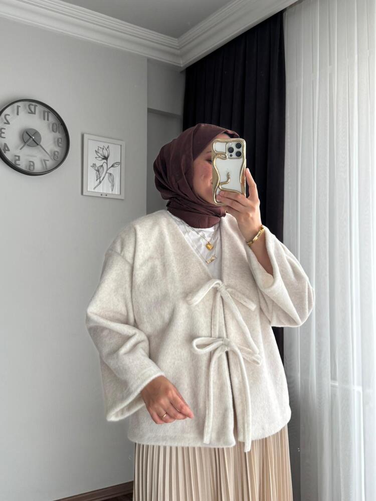 Etek Üstü Önden Bağlamalı Fox Kimono - Beyaz