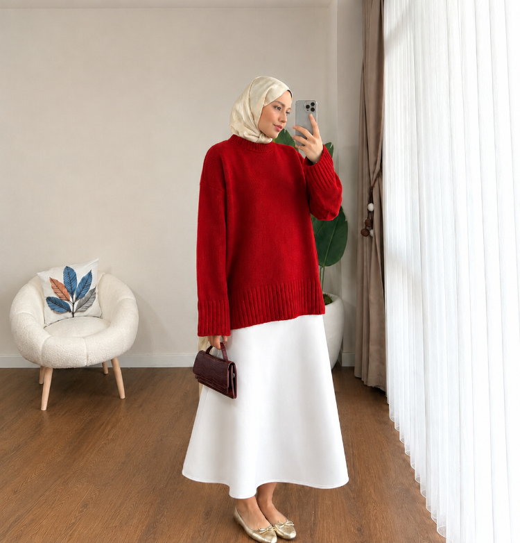 Oversize Bisiklet Yaka Tesettür Kazak - Kırmızı