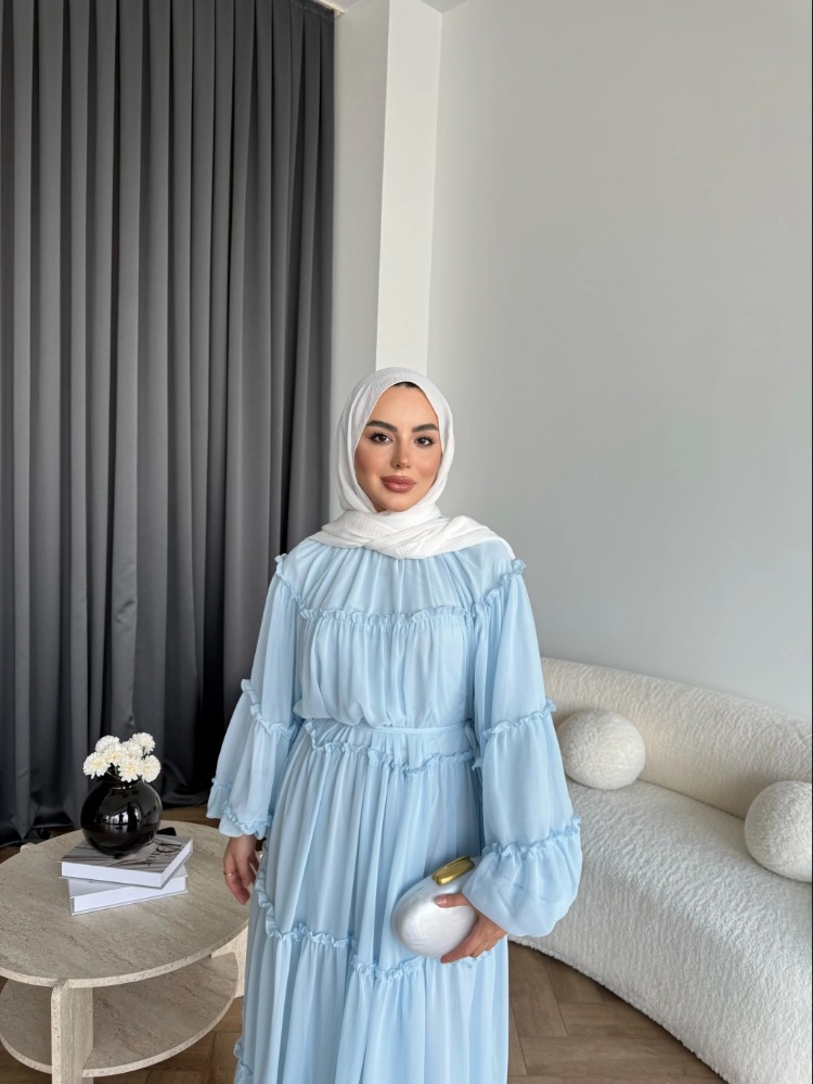 Fırfırlı Kat Kat Bağcık Detaylı Şifon Elbise - Bebe Mavi
