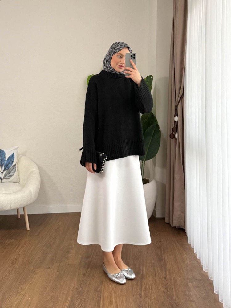 Oversize Bisiklet Yaka Tesettür Kazak - Siyah