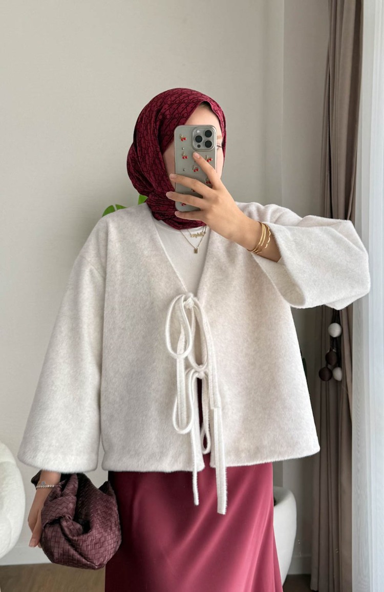 Etek Üstü Önden Bağlamalı Fox Kimono - Ekru