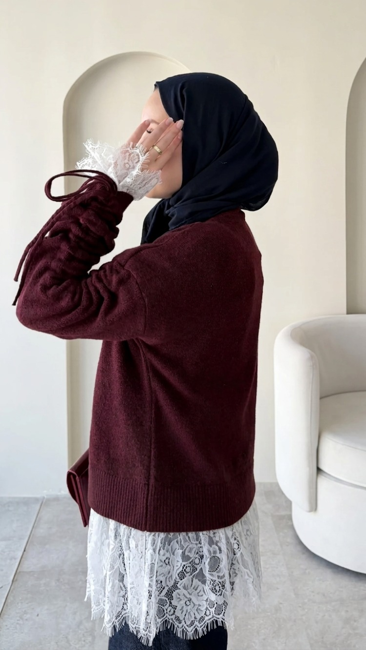 Dantel Detaylı V Yaka Triko Hırka - Bordo