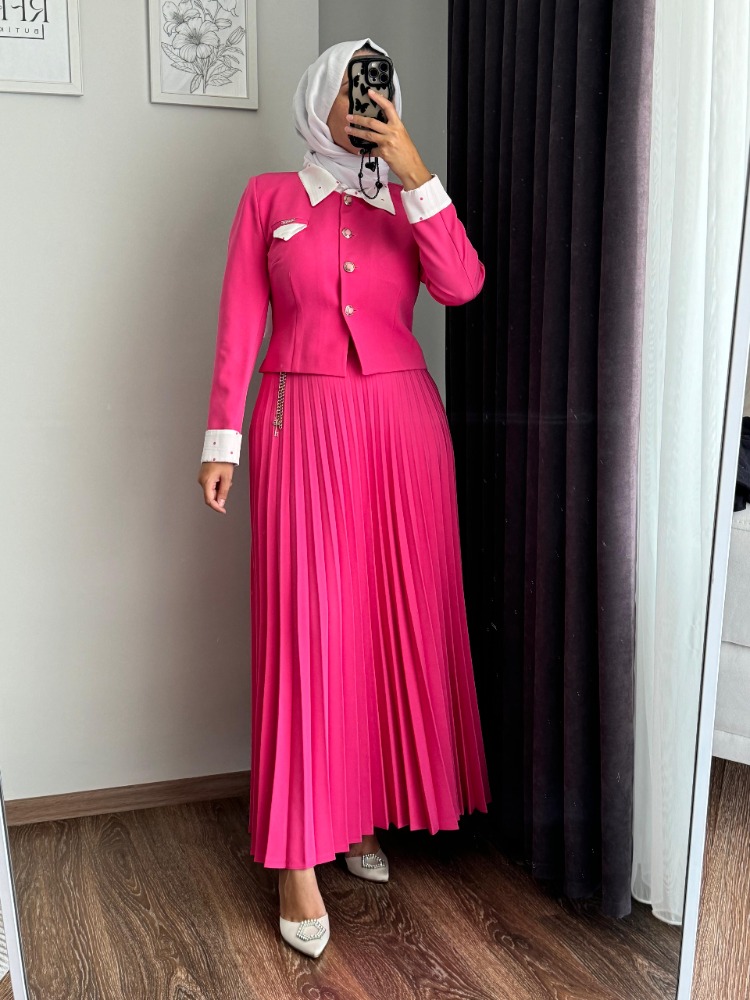 Puantiyeli Ceket Etek Takım - Fuşya