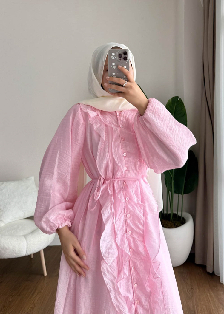 Bel Bağlamalı Fırfırlı Kumru Elbise - Pembe