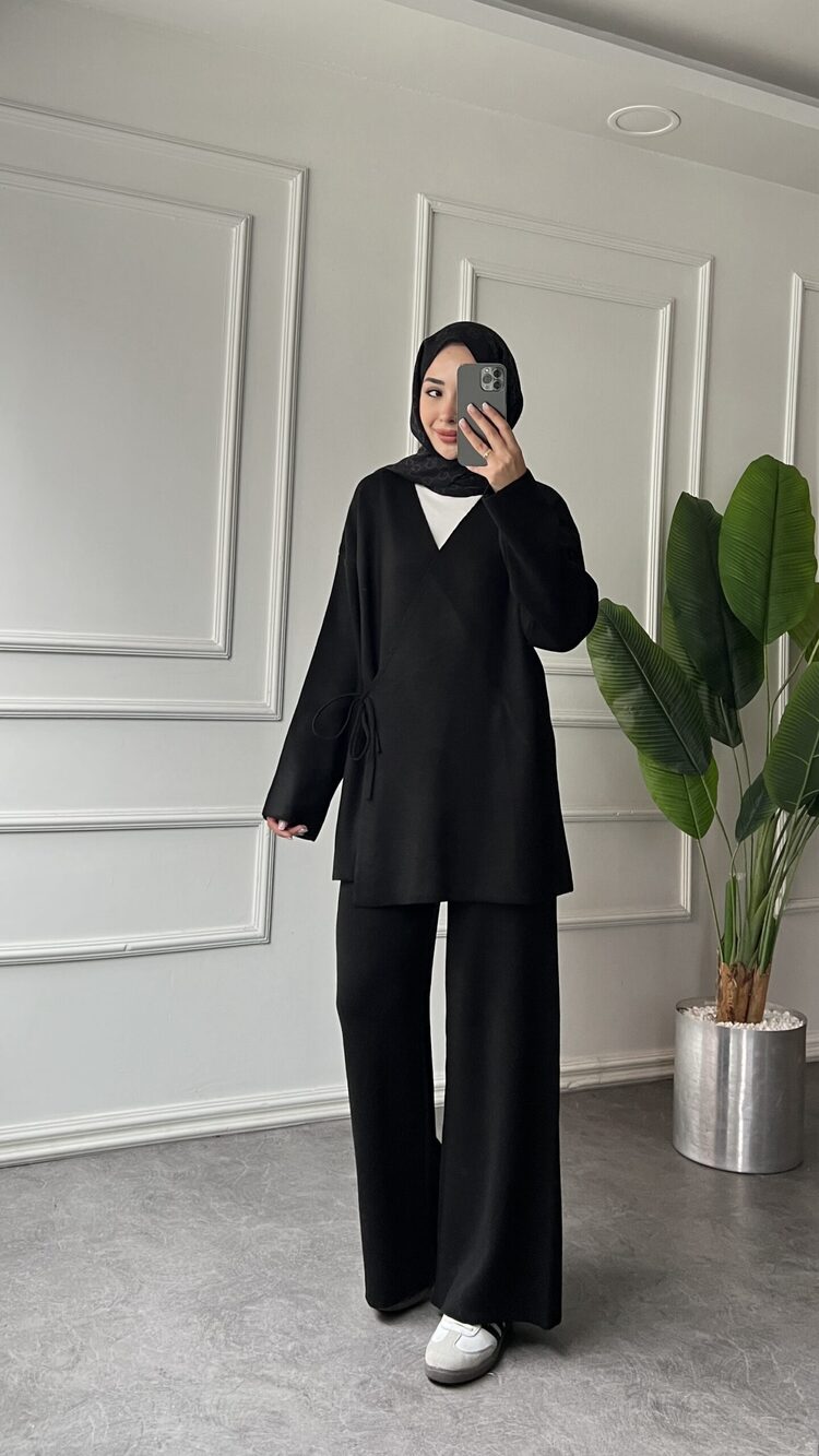 Premium Yan Bağlamalı Triko Tesettür Takım - Siyah