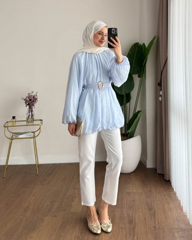 Balon Kol Bubble Kemerli Tunik - Mavi