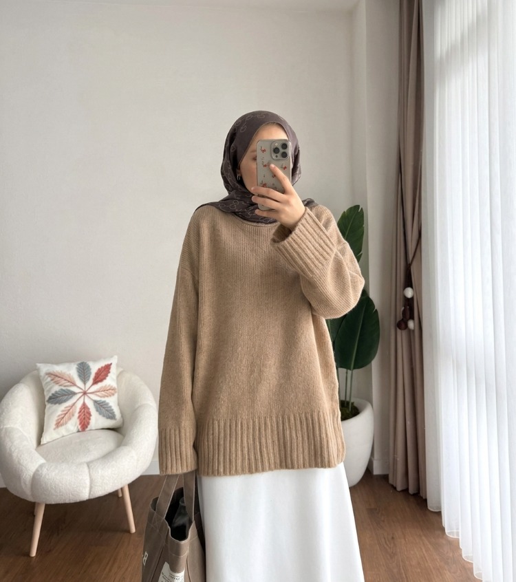 Oversize Bisiklet Yaka Tesettür Kazak - Camel