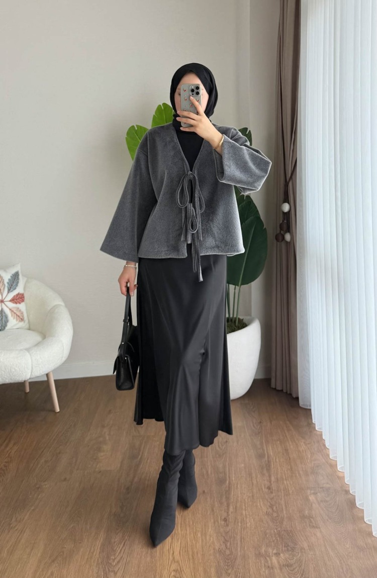 Etek Üstü Önden Bağlamalı Fox Kimono - Gri