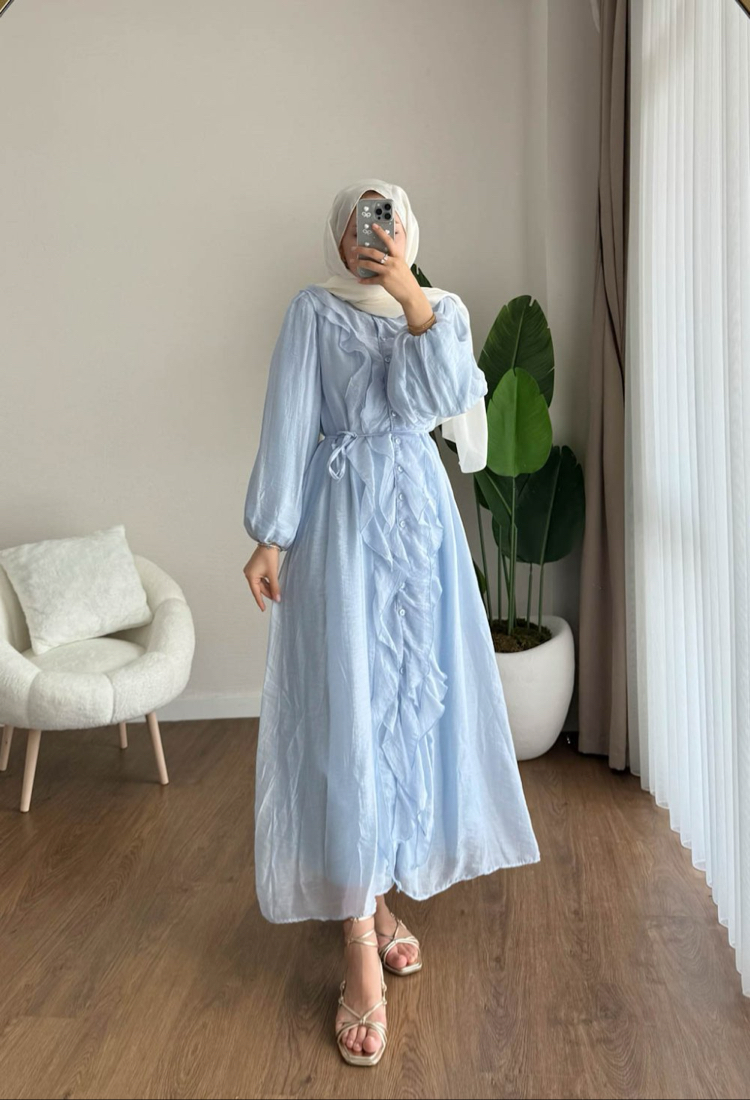 Bel Bağlamalı Fırfırlı Kumru Elbise - Mavi