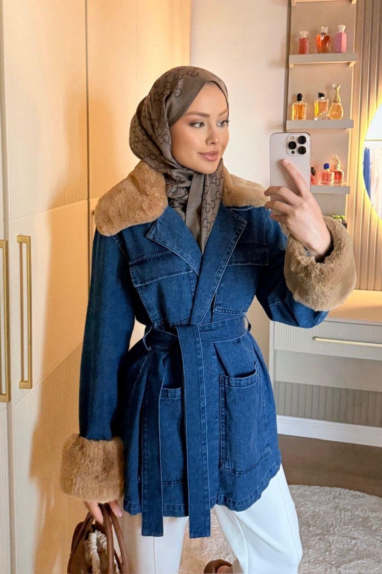 Kol Yaka Kürk Detaylı Tesettür Kot Ceket - Kot/Taba