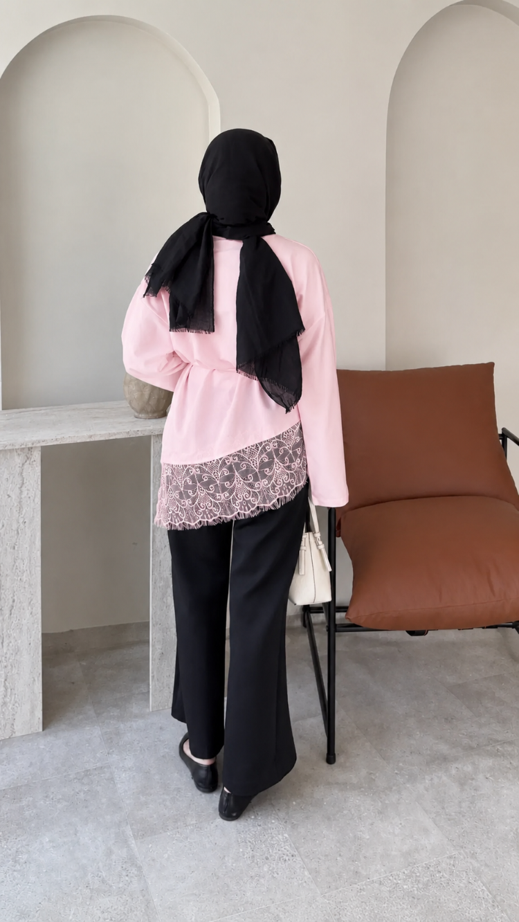 Dantel Detaylı Bel Bağlamalı Penye Sweat - Pembe