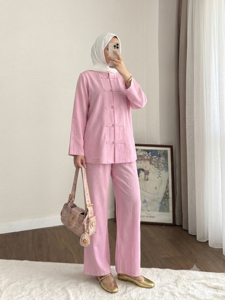Önü Britli Keten Pantolonlu Tesettür Takım - Pembe