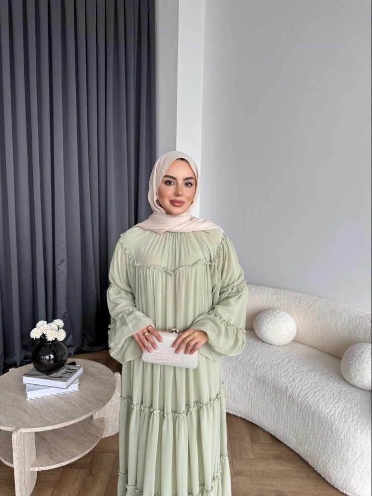 Fırfırlı Kat Kat Bağcık Detaylı Şifon Elbise - Yeşil