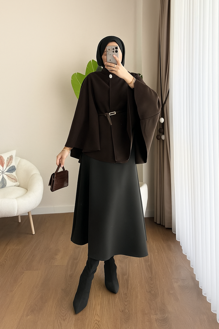 Oversize Kemerli Kaşe Panço - Kahverengi