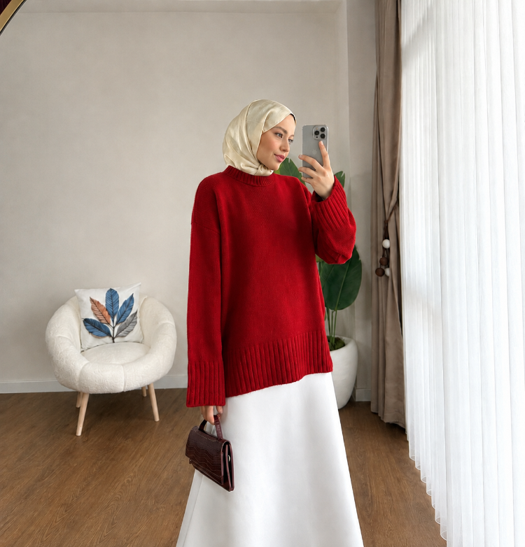 Oversize Bisiklet Yaka Tesettür Kazak - Kırmızı