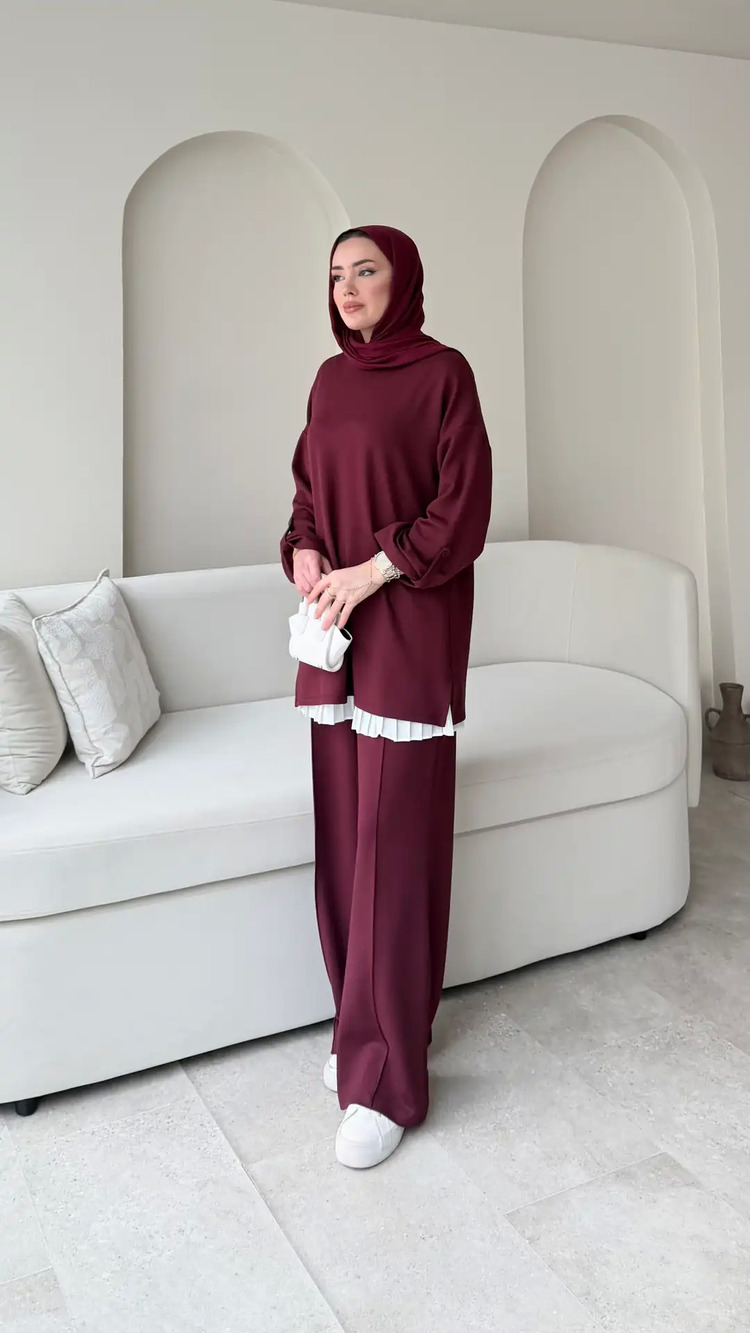 Kolu Apaletli Pantolonlu İkili Takım - Bordo