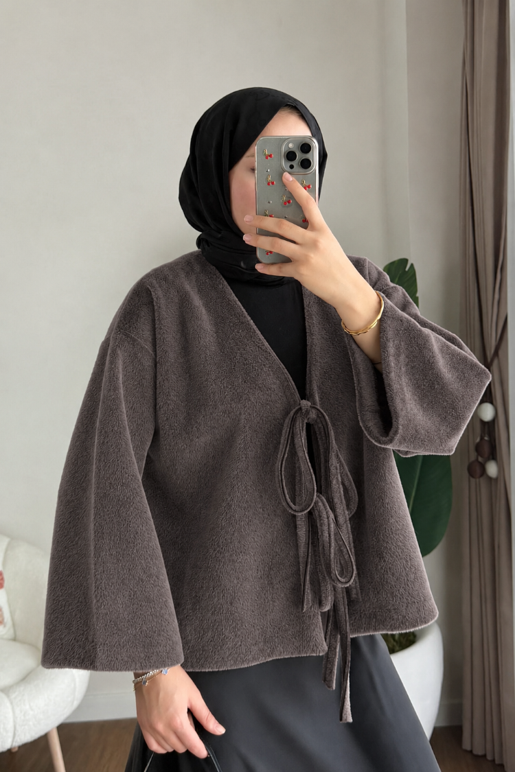 Etek Üstü Önden Bağlamalı Fox Kimono - Kestane