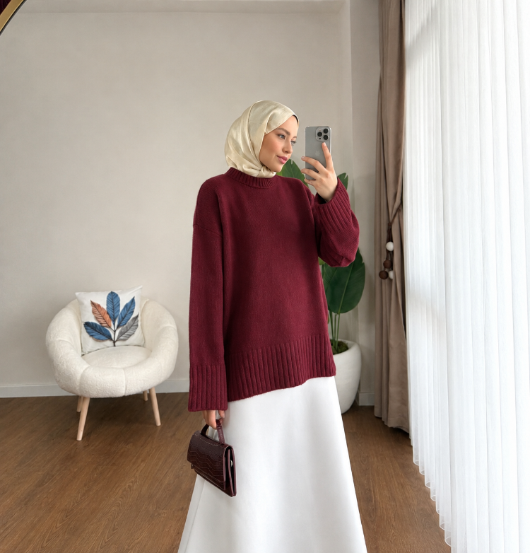Oversize Bisiklet Yaka Tesettür Kazak - Mürdüm