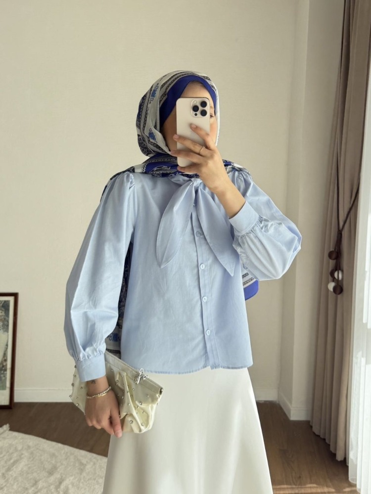 Etek Üstü Yaka Bağlamalı Poplin Gömlek - Mavi
