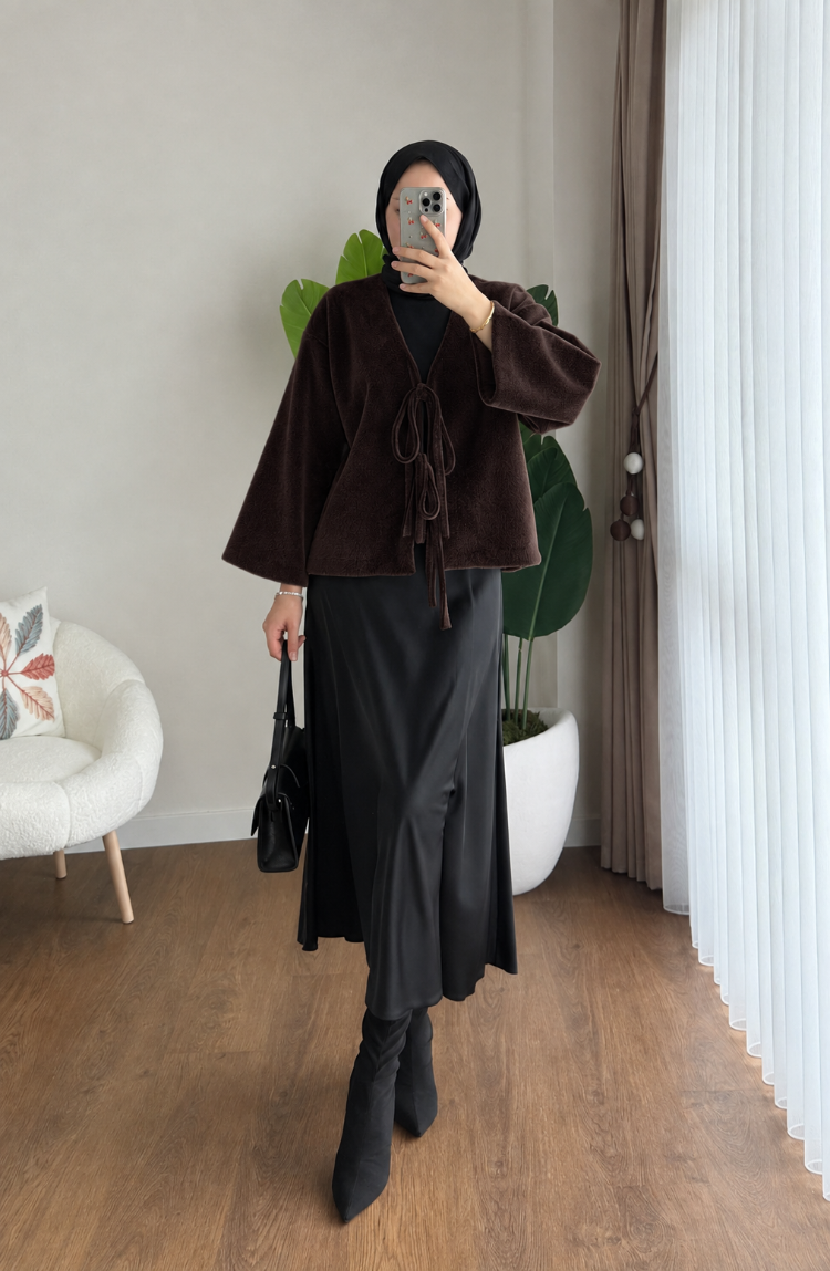 Etek Üstü Önden Bağlamalı Fox Kimono - Kahverengi