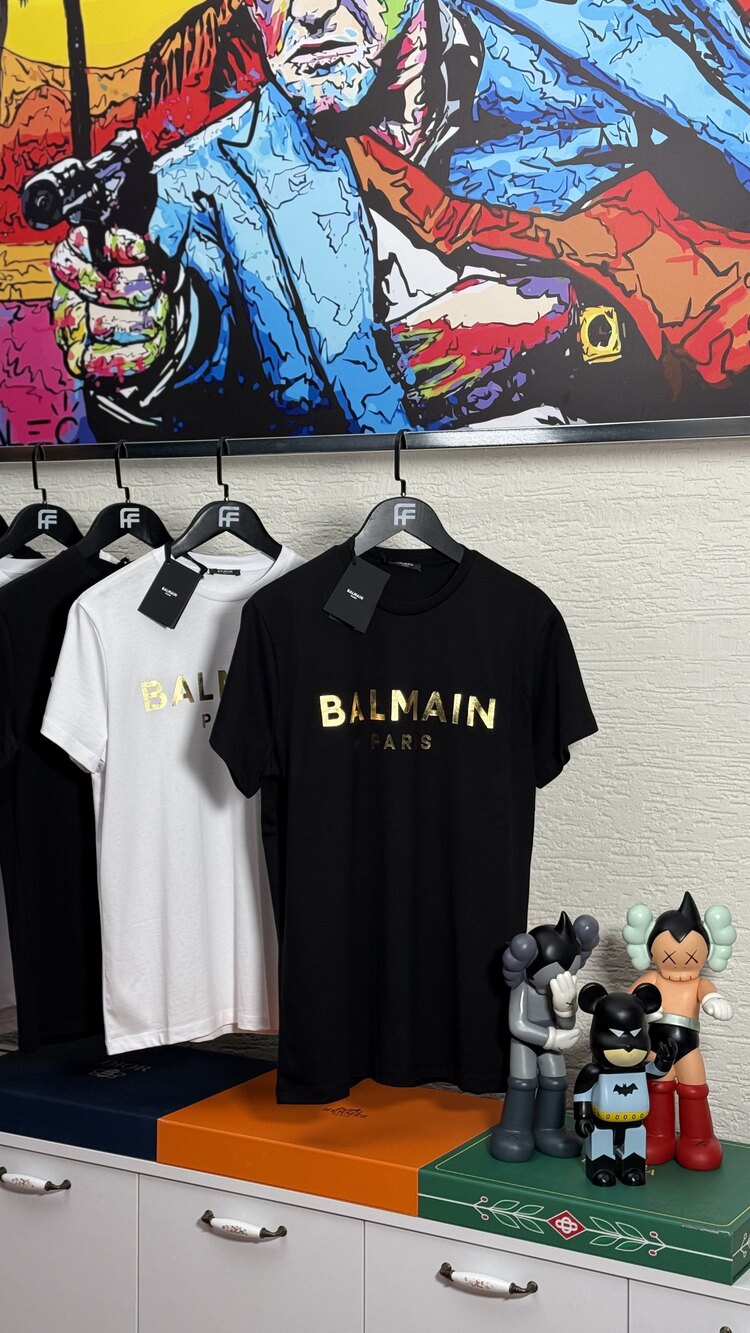 Balmain Gold Logo Print Cotton Tee