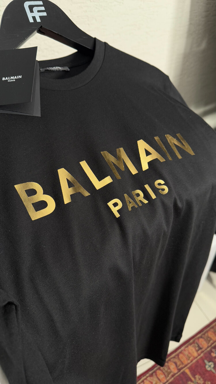 Balmain Gold Logo Print Cotton Tee