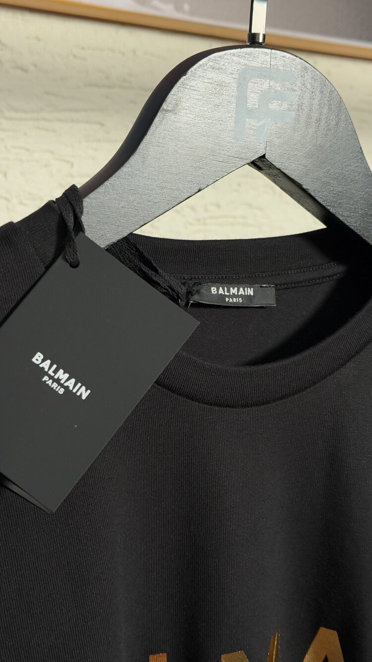 Balmain Gold Logo Print Cotton Tee