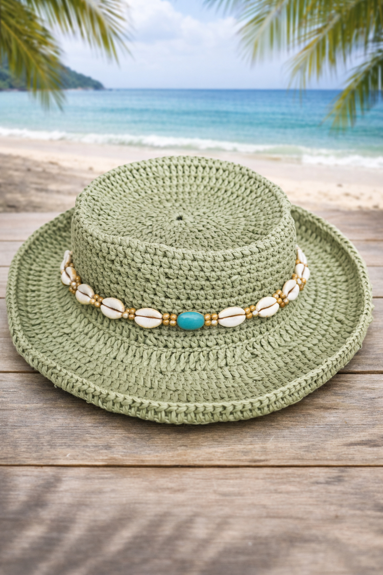 Rio Collection – Adaçayı Yeşili Sade Bohem Raffia Şapka 