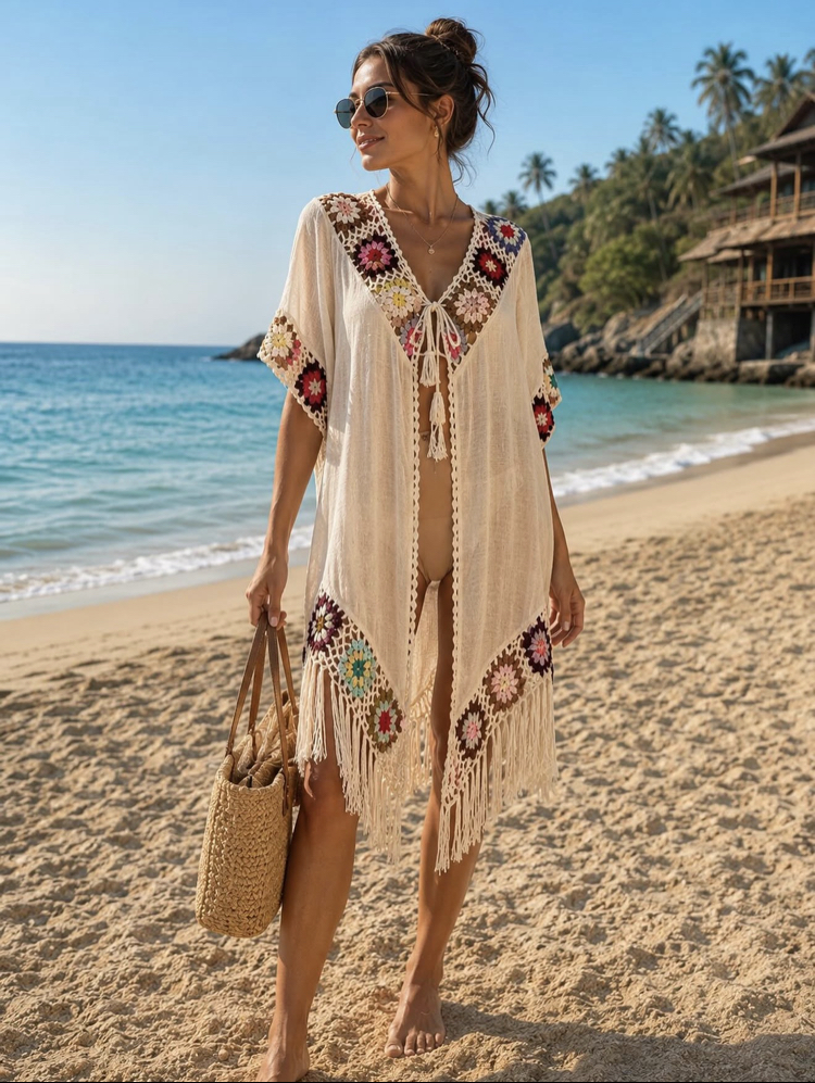 Renkli Motifli Bohem Kimono