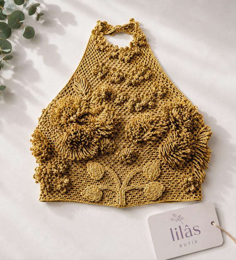 Gold Çiçek İşlemeli El Yapımı Crochet Crop Top
