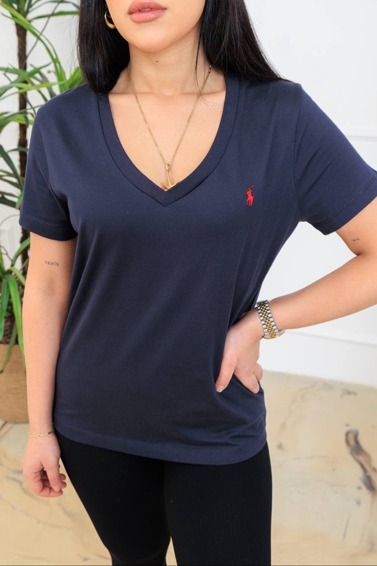 Polo Ralph. V Yaka T-Shirt Lacivert (Kadın)