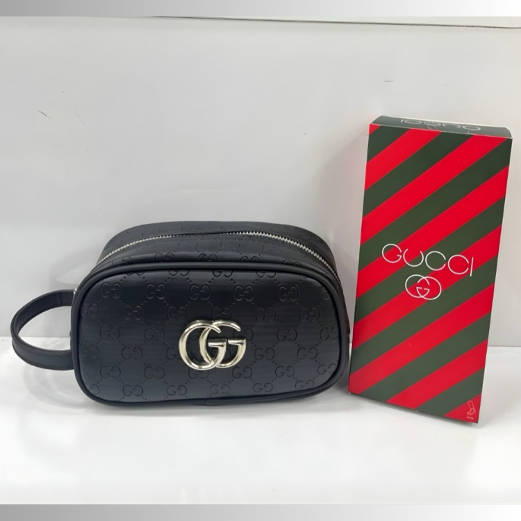 Premium Gucci Siyah Deri/Suni Deri Gofre GG El / Kozmetik Çantası