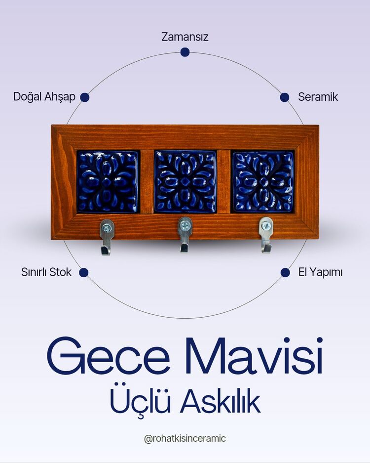 Gece Mavisi Üçlü Seramik Askılık