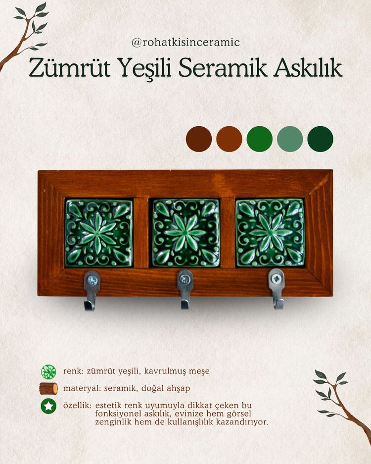 Zümrüt Yeşili Üçlü Seramik Askılık