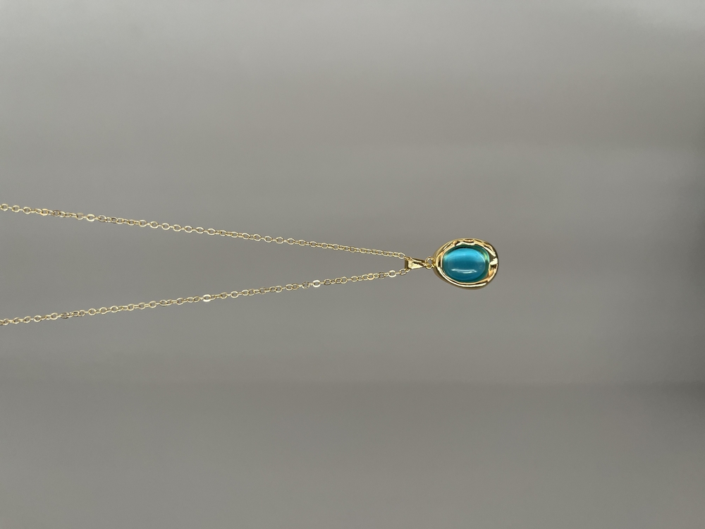Mavi Oval Taşlı Kolye | Gold