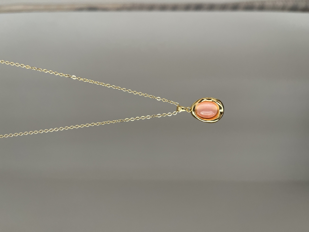 Pembe Oval Taşlı Kolye | Gold