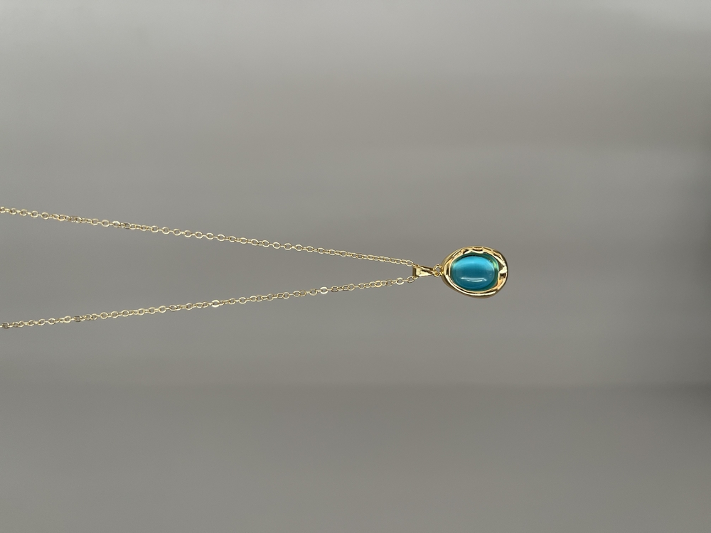 Mavi Oval Taşlı Kolye | Gold