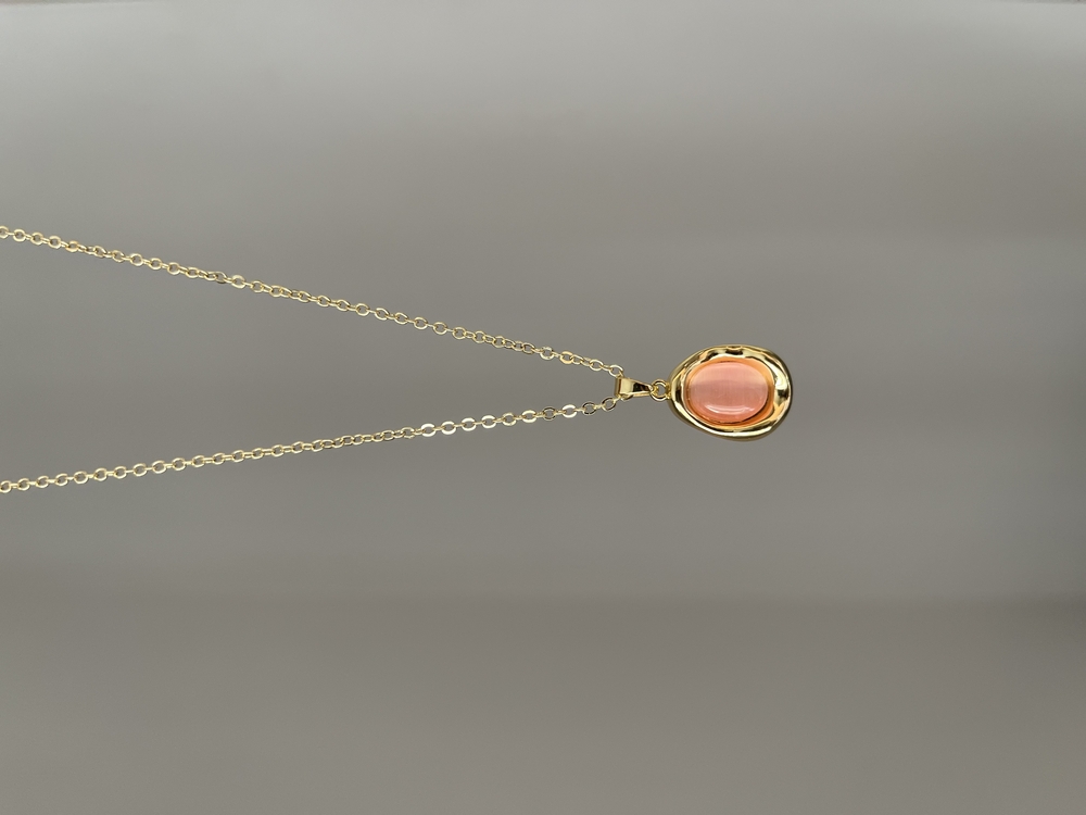 Pembe Oval Taşlı Kolye | Gold
